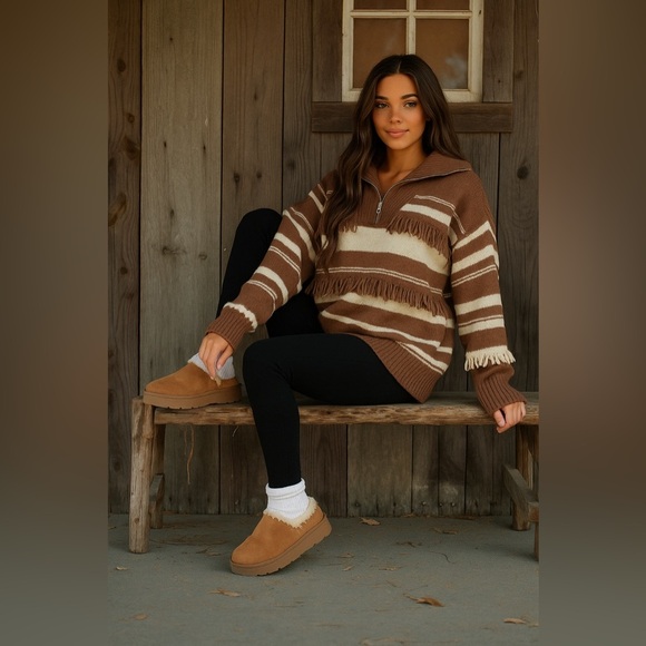 Strut & Bolt Brown and White Cream Striped 1/4 Zip Sweater with Fringe S - Picture 12 of 12